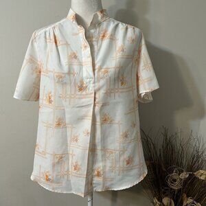 Vtg Pykettes Women Blouse Floral Short Sleeve Pullover White Orange Sz M ? Flaw